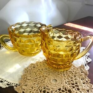Clear Amber Cream & Sugar Jeanette Cubist Collection Depression Glass Vintage